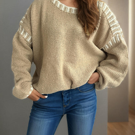 Loose Casual Stitching Knitted Sweater Women's Round Neck Long Sleeve Pullover