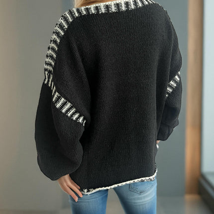 Loose Casual Stitching Knitted Sweater Women's Round Neck Long Sleeve Pullover