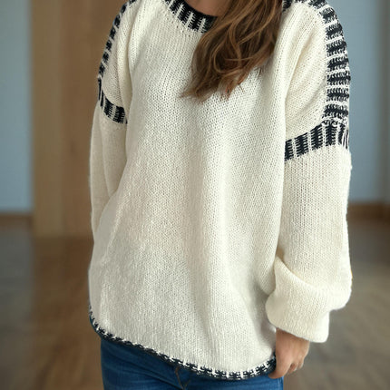 Loose Casual Stitching Knitted Sweater Women's Round Neck Long Sleeve Pullover