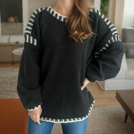 Loose Casual Stitching Knitted Sweater Women's Round Neck Long Sleeve Pullover