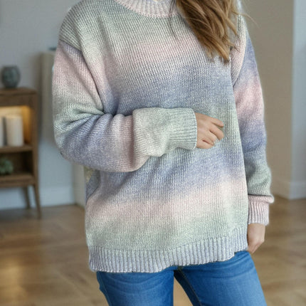Rainbow Gradient Round Neck Colorblock Sweater Women's Casual Knitted Pullover