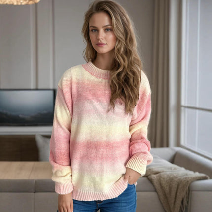 Rainbow Gradient Round Neck Colorblock Sweater Women's Casual Knitted Pullover