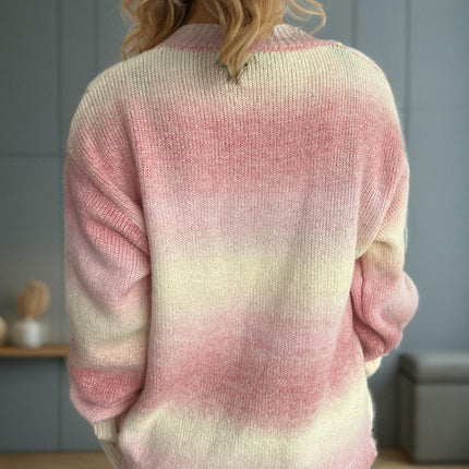 Rainbow Gradient Round Neck Colorblock Sweater Women's Casual Knitted Pullover