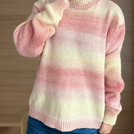 Rainbow Gradient Round Neck Colorblock Sweater Women's Casual Knitted Pullover