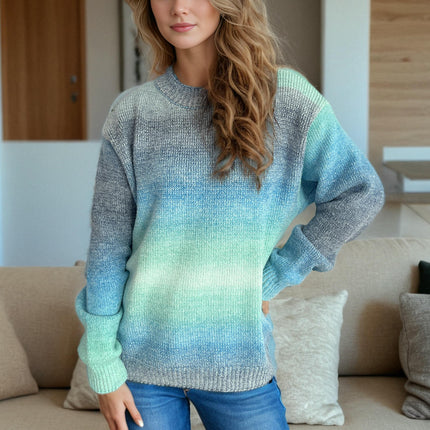 Rainbow Gradient Round Neck Colorblock Sweater Women's Casual Knitted Pullover