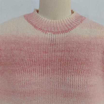 Rainbow Gradient Round Neck Colorblock Sweater Women's Casual Knitted Pullover