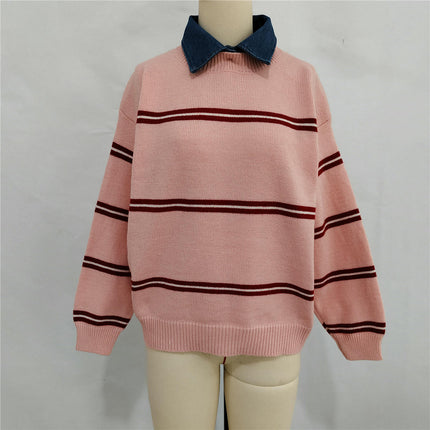Winter Casual Contrast Striped Women's Sweater Lapel Long Sleeve Pullover