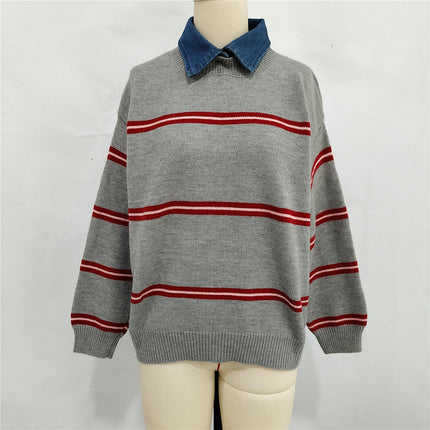 Winter Casual Contrast Striped Women's Sweater Lapel Long Sleeve Pullover