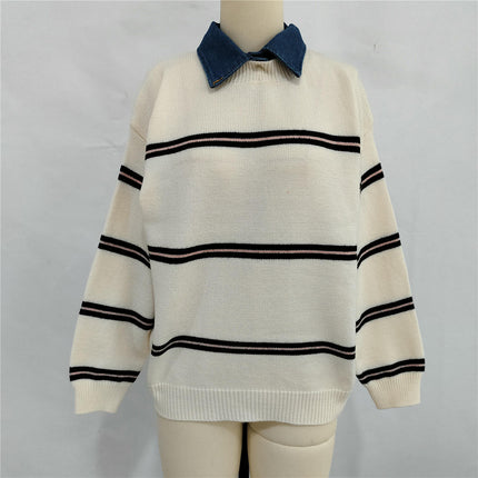 Winter Casual Contrast Striped Women's Sweater Lapel Long Sleeve Pullover