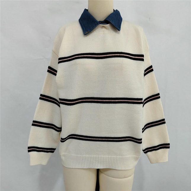 Winter Casual Contrast Striped Women's Sweater Lapel Long Sleeve Pullover
