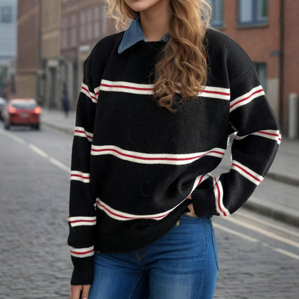 Winter Casual Contrast Striped Women's Sweater Lapel Long Sleeve Pullover