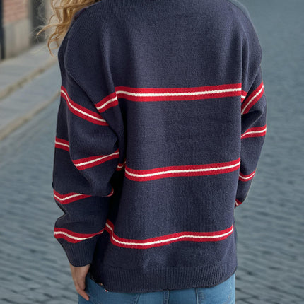Winter Casual Contrast Striped Women's Sweater Lapel Long Sleeve Pullover