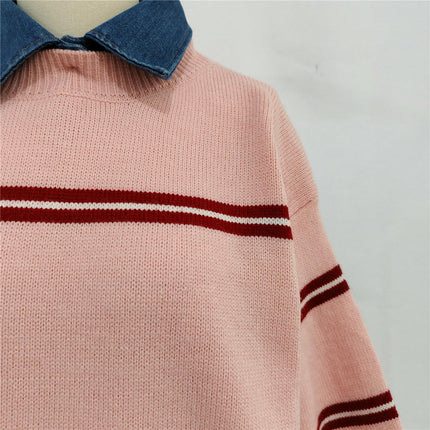 Winter Casual Contrast Striped Women's Sweater Lapel Long Sleeve Pullover