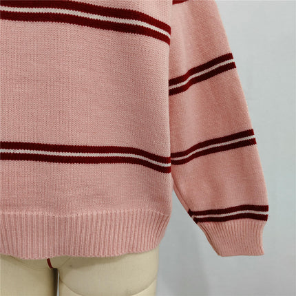 Winter Casual Contrast Striped Women's Sweater Lapel Long Sleeve Pullover
