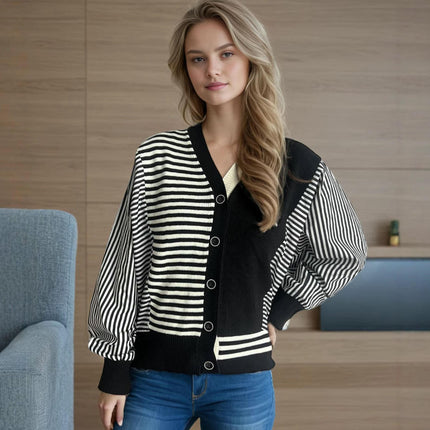 Colorblock Striped Sweater Long Sleeve Knitted Cardigan V Neck Button Top Women