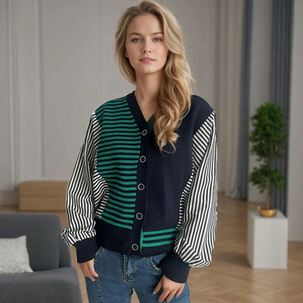 Colorblock Striped Sweater Long Sleeve Knitted Cardigan V Neck Button Top Women