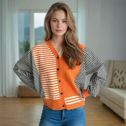 Colorblock Striped Sweater Long Sleeve Knitted Cardigan V Neck Button Top Women