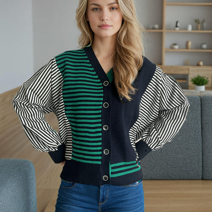 Colorblock Striped Sweater Long Sleeve Knitted Cardigan V Neck Button Top Women