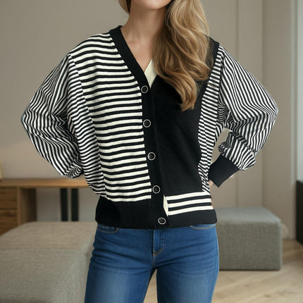 Colorblock Striped Sweater Long Sleeve Knitted Cardigan V Neck Button Top Women