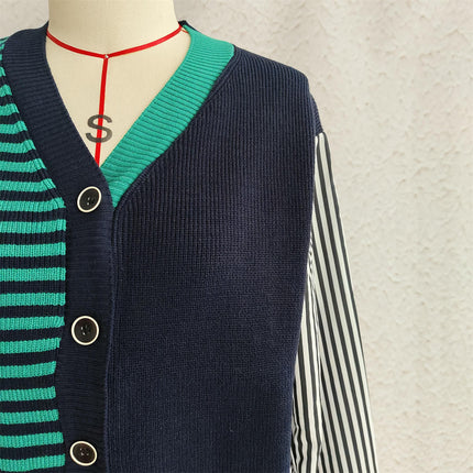 Colorblock Striped Sweater Long Sleeve Knitted Cardigan V Neck Button Top Women