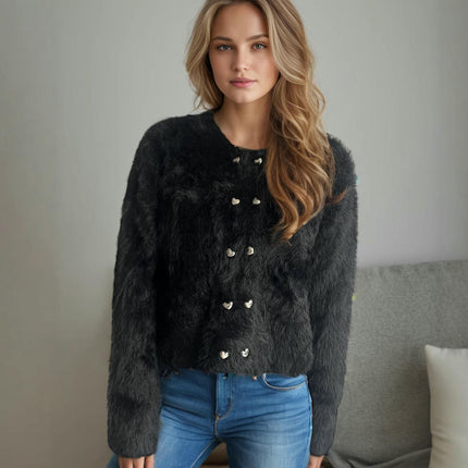 Solid Color Round Neck Double Breasted Sweater Womens Warm Short Cardigan Jacket