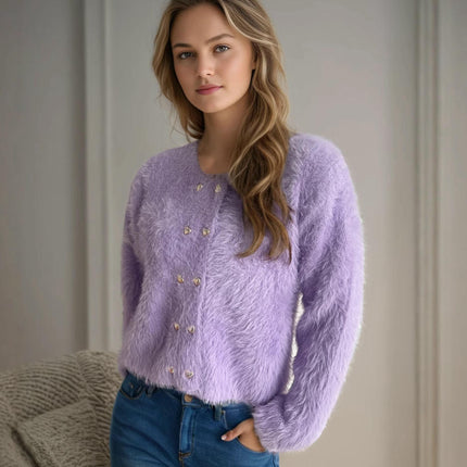 Solid Color Round Neck Double Breasted Sweater Womens Warm Short Cardigan Jacket