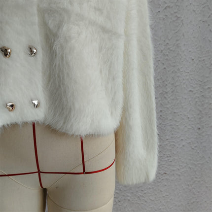 Solid Color Round Neck Double Breasted Sweater Womens Warm Short Cardigan Jacket