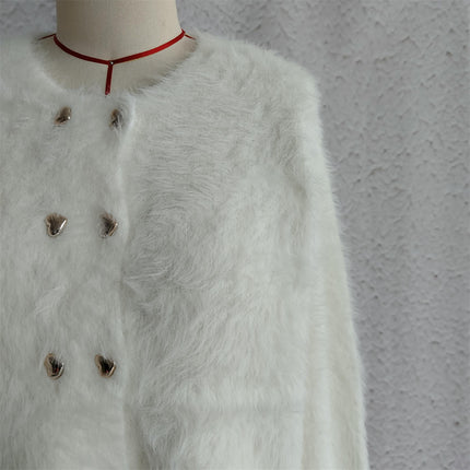 Solid Color Round Neck Double Breasted Sweater Womens Warm Short Cardigan Jacket