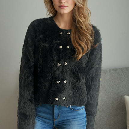 Solid Color Round Neck Double Breasted Sweater Womens Warm Short Cardigan Jacket