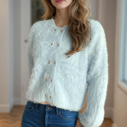Solid Color Round Neck Double Breasted Sweater Womens Warm Short Cardigan Jacket