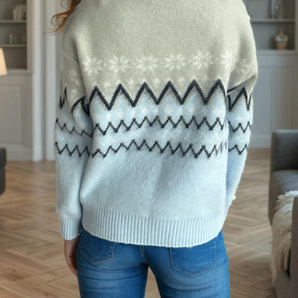 Women's Colorblock Fair Isle Snowflake Sweater Round Neck Loose Pullover Top
