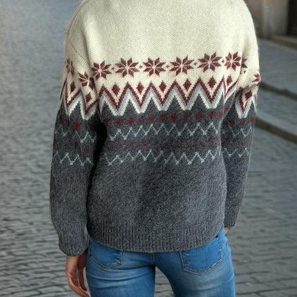 Women's Colorblock Fair Isle Snowflake Sweater Round Neck Loose Pullover Top