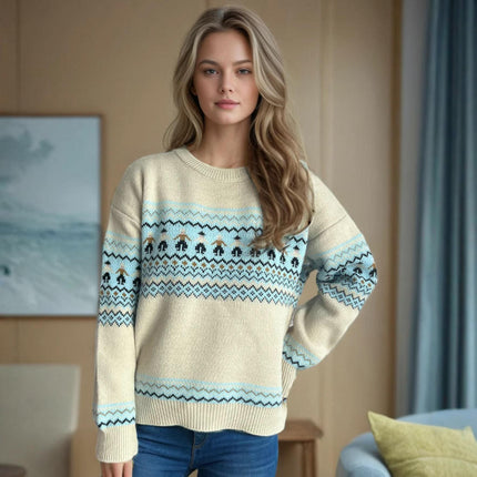 Contrast Color Jacquard Knitted Women's Sweater Round Neck Thick Warm Pullover
