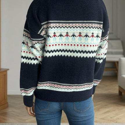 Contrast Color Jacquard Knitted Women's Sweater Round Neck Thick Warm Pullover