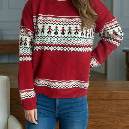 Contrast Color Jacquard Knitted Women's Sweater Round Neck Thick Warm Pullover