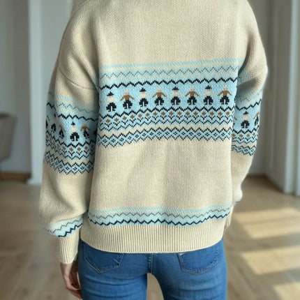 Contrast Color Jacquard Knitted Women's Sweater Round Neck Thick Warm Pullover