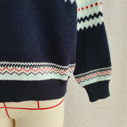 Contrast Color Jacquard Knitted Women's Sweater Round Neck Thick Warm Pullover