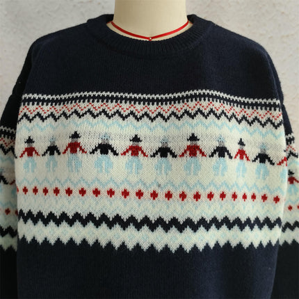 Contrast Color Jacquard Knitted Women's Sweater Round Neck Thick Warm Pullover