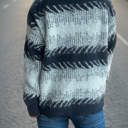 Winter Contrast Color Knitted Women's Sweater Round Neck Casual Loose Pullover