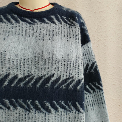 Winter Contrast Color Knitted Women's Sweater Round Neck Casual Loose Pullover