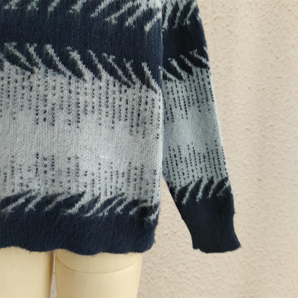 Winter Contrast Color Knitted Women's Sweater Round Neck Casual Loose Pullover