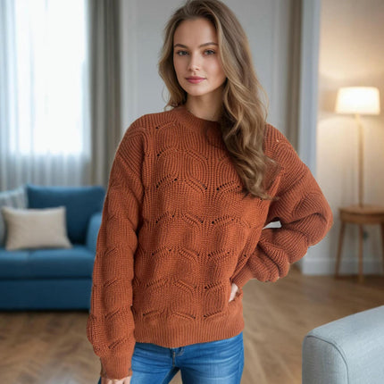 Hollow Solid Color Knitted Women's Sweater Round Neck Casual Loose Pullover