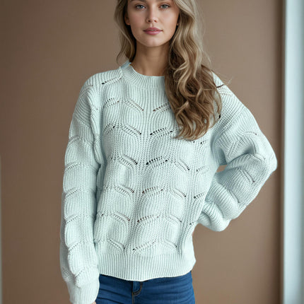 Hollow Solid Color Knitted Women's Sweater Round Neck Casual Loose Pullover