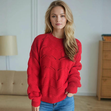 Hollow Solid Color Knitted Women's Sweater Round Neck Casual Loose Pullover