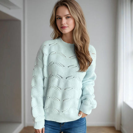 Hollow Solid Color Knitted Women's Sweater Round Neck Casual Loose Pullover