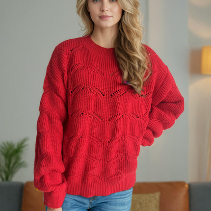 Hollow Solid Color Knitted Women's Sweater Round Neck Casual Loose Pullover