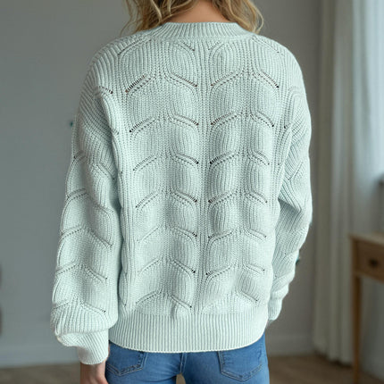 Hollow Solid Color Knitted Women's Sweater Round Neck Casual Loose Pullover