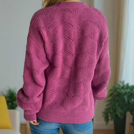 Hollow Solid Color Knitted Women's Sweater Round Neck Casual Loose Pullover