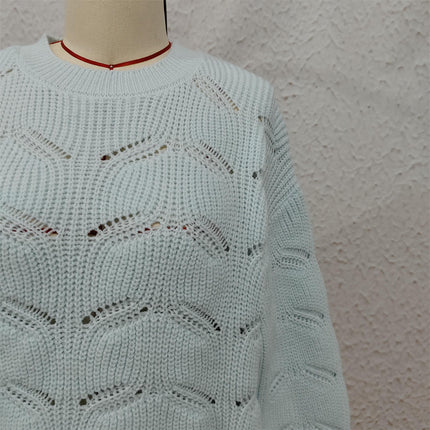 Hollow Solid Color Knitted Women's Sweater Round Neck Casual Loose Pullover