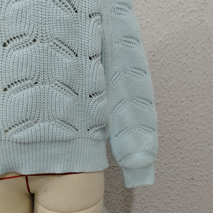 Hollow Solid Color Knitted Women's Sweater Round Neck Casual Loose Pullover